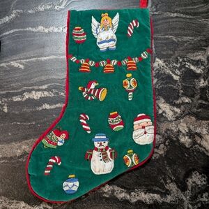 Green Velvet Christmas Stocking with Embroidered Holiday Designs
